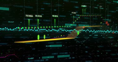 Karanlık arka planda finansal veri işleme resmi. Küresel finans, iş, bağlantılar, hesaplama ve veri işleme kavramı dijital olarak oluşturuldu.