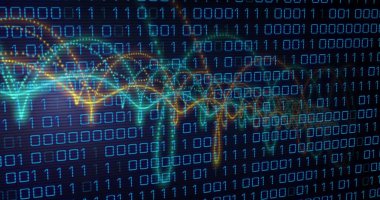 Parlayan neon ışık yollarıyla ikili kodlama veri işleme görüntüsü. Küresel siber güvenlik, bağlantılar, hesaplama ve veri işleme kavramı dijital olarak oluşturuldu.