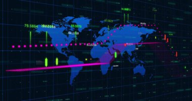 Siyah arkaplanda mavi dünya haritası üzerinde grafik ve veri işleme resmi. Bağlantı, veri, iş, dijital arayüz ve küresel iletişim, dijital olarak oluşturulmuş görüntü.