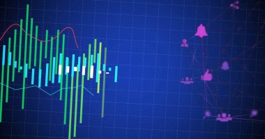 Diyagramlar üzerinde ortam simgelerinin resmi. Teknoloji, iş ve dijital arayüz kavramı dijital olarak oluşturulmuş görüntü.