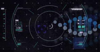 DNA ipliği, dijital veri işleme ve tarama. Küresel bilim, bağlantılar, hesaplama ve veri işleme kavramı dijital olarak oluşturulmuş görüntü.