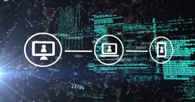 Veri işleme üzerine simgelerle bağlantı ağının resmi. Teknoloji ve dijital arayüz kavramı dijital olarak oluşturuldu.