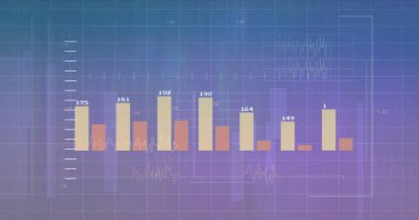 Mor arkaplan üzerinde veri işleme ve diyagramlar resmi. Teknoloji, iş ve dijital arayüz kavramı dijital olarak oluşturulmuş görüntü.