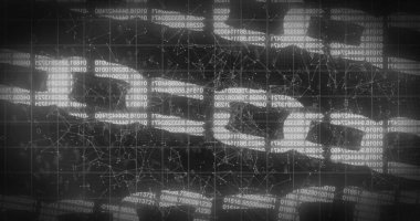 Şekiller üzerinde veri işleme ve zinciri görüntüsü. Bilim, teknoloji ve dijital arayüz kavramı dijital olarak oluşturuldu.