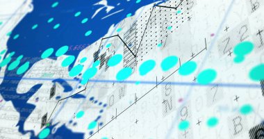 Dünya haritası üzerinde dijital veri işleme resmi. Küresel finans, iş, bağlantılar, hesaplama ve veri işleme kavramı dijital olarak oluşturuldu.