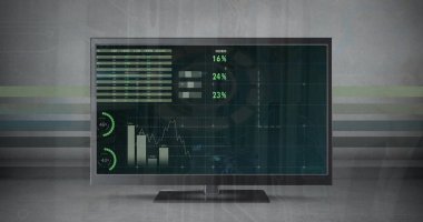 Bilgisayar ekranında kopyalama alanı olan veri işleme ve diyagramlarının resmi. Küresel teknoloji ve dijital arayüz konsepti dijital olarak oluşturuldu.