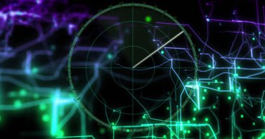 Siyah arkaplandaki bağlantıların dijital veri işleme görüntüsü. Küresel iş, bağlantılar, hesaplama ve veri işleme kavramı dijital olarak oluşturulmuş resim.