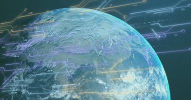 Dijital devreler ve Dünya 'nın görüntüsü üzerinde uzaydan veri işleme. Teknoloji, robotik, yenilik, küresel, bağlantı, ağ