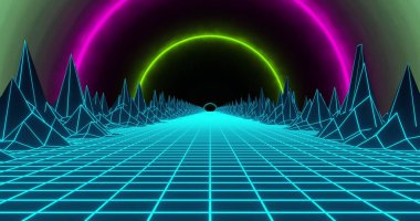 Renkli şekillerdeki dijital dağların görüntüsü. Teknoloji, metaevren ve dijital arayüz kavramı dijital olarak oluşturuldu.