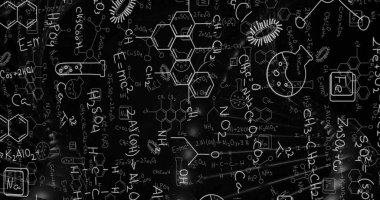 Matematiksel ve kimyasal denklemlerin resmi, siyah arkaplan üzerindeki DNA ipliği üzerinde. Teknoloji, bilim ve dijital arayüz kavramı dijital olarak oluşturulmuş görüntü.