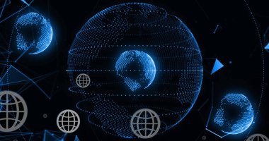 Siyah arkaplan üzerinde küresel ve dijital veri işleme resmi. Dijital olarak oluşturulmuş küresel bağlantılar, hesaplama ve veri işleme kavramı.