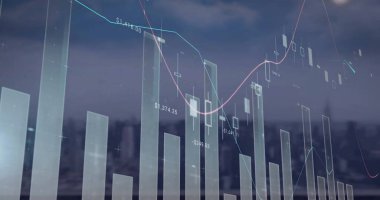 Şehir manzarası üzerinde dijital veri işleme resmi. Dijital olarak oluşturulmuş küresel bağlantılar, hesaplama ve veri işleme kavramı.