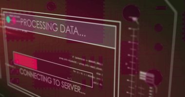 Bilgisayar panosunun üzerinde veri işleme resmi. Küresel teknoloji ve dijital arayüz konsepti dijital olarak oluşturuldu.