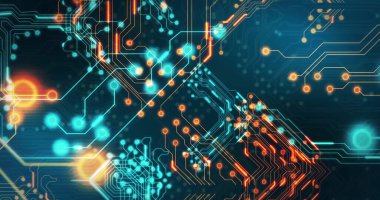 Bilgisayar devre kartından dijital veri işleme resmi. Dijital olarak oluşturulmuş küresel bağlantılar, hesaplama ve veri işleme kavramı.