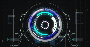 Siyah arkaplan üzerinde tarama ve dijital veri işleme resmi. Dijital olarak oluşturulmuş küresel bağlantılar, hesaplama ve veri işleme kavramı.