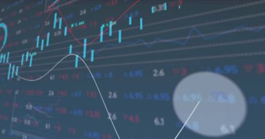 Mavi arka planda finansal veri işleme resmi. Dijital olarak oluşturulmuş küresel bağlantılar, hesaplama ve veri işleme kavramı.