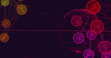 Veri akışının görüntüsü ve karanlık arka plandaki veri ve iletişim ikonlarının ağları. Bağlantı, veri, dijital arayüz ve küresel iletişim, dijital olarak oluşturulmuş görüntü.