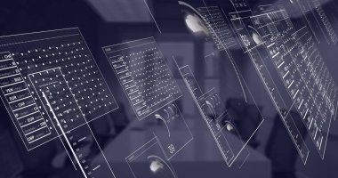 Ofisteki boş odada finansal veri işleme resmi. Küresel iş, finans, hesaplama ve dijital arayüz kavramı dijital olarak oluşturuldu.