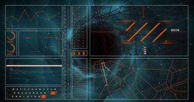 Dijital tünelin üzerindeki veri işleme ve diyagramlarının resmi. Teknoloji, iş ve dijital arayüz kavramı dijital olarak oluşturulmuş görüntü.