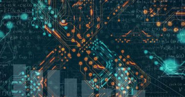 Bilgisayar sunucuları üzerinde devre kartı ve dijital veri işleme resmi. Dijital olarak oluşturulmuş küresel bağlantılar, hesaplama ve veri işleme kavramı.