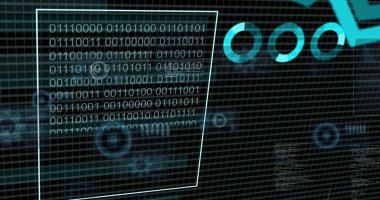 Siyah arkaplanda ikili kodlama ve dijital veri işleme resmi. Dijital olarak oluşturulmuş küresel bağlantılar, hesaplama ve veri işleme kavramı.