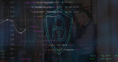 Bilgisayar sunucuları tarafından, beyaz erkek üzerinde veri işleme ve asma kilit görüntüsü. Küresel siber güvenlik, bağlantılar, hesaplama ve veri işleme kavramı dijital olarak oluşturuldu.