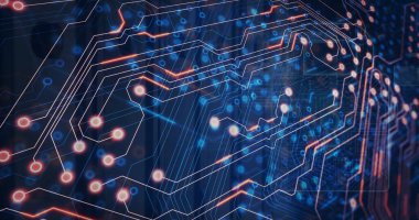 Bilgisayar sunucuları üzerinde devre kartı ve dijital veri işleme resmi. Dijital olarak oluşturulmuş küresel bağlantılar, hesaplama ve veri işleme kavramı.