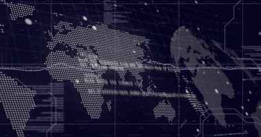 Dijital dünya haritası ve veriler JP Yazılım metni üzerinden resmi gösteriyor. Teknoloji, grafikler, görselleştirme, küresel, arayüz, siber