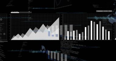 Siyah arkaplanda dijital veri işleme resmi. Dijital olarak oluşturulmuş küresel bağlantılar, hesaplama ve veri işleme kavramı.