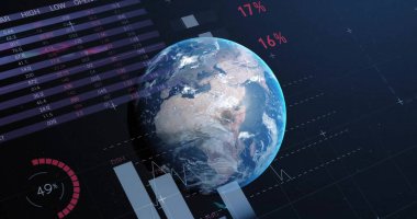 Veri işleme ve dünya üzerindeki diyagramların resmi. Teknoloji ve dijital arayüz kavramı dijital olarak oluşturuldu.