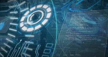 Bilgisayar sunucuları üzerinden dijital veri işleme resmi. Küresel siber güvenlik, bağlantılar, hesaplama ve veri işleme kavramı dijital olarak oluşturuldu.