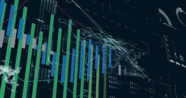 Siyah arkaplan üzerinde istatistik ve finansal veri işleme resmi. Küresel finans, iş, bağlantılar, hesaplama ve veri işleme kavramı dijital olarak oluşturuldu.