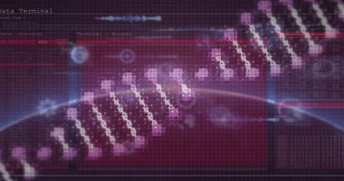 Koyu arkaplandaki bağlantıların üzerindeki DNA iplikçiklerinin resmi. Küresel finans, iş, bağlantılar, hesaplama ve veri işleme kavramı dijital olarak oluşturuldu.