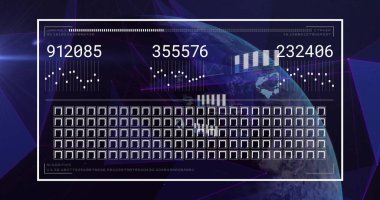 Image of data processing on interface over globe in night sky. Network, data, digital interface, economy, connection and global communication, digitally generated image. clipart