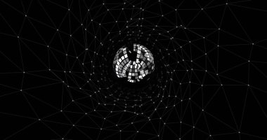 Siyah arkaplan üzerinde veri işleme ve küre resmi. Küresel iş, finans, bağlantılar, hesaplama ve veri işleme kavramı dijital olarak oluşturuldu.