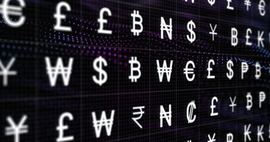 Para birimi, dijital şebeke arkaplanı üzerindeki resmi simgeler. Finans, ekonomi, teknoloji, yatırım, ticaret, veri