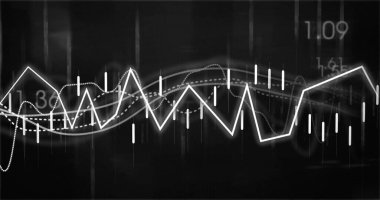 Dalga biçimi ve sayısal veri görüntüsü siyah arkaplan üzerinde. Teknoloji, yenilik, dijital, görselleştirme, fütüristik, sayılar