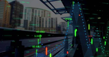 Şehirdeki finansal veri işleme görüntüsü. Küresel finans, iş, bağlantılar, hesaplama ve veri işleme kavramı dijital olarak oluşturuldu.