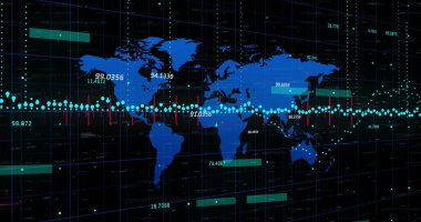 Küresel finansal veriler ve borsa eğilimleri dünya haritası üzerinde görüntü oluşturuyor. Maliye, ekonomi, yatırım, ticaret, analitik, istatistik