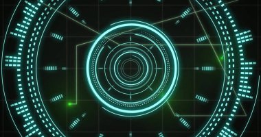 Kapsam ve veri işleme resmi siyah arkaplan üzerinde. Dijital olarak oluşturulmuş küresel bağlantılar, hesaplama ve veri işleme kavramı.