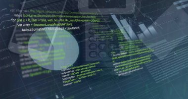 Koyu sırt çantasıyla ilgili istatistik ve bilgisayar veri işleme resimleri. Küresel finans, iş, bağlantılar, hesaplama ve veri işleme kavramı dijital olarak oluşturuldu.