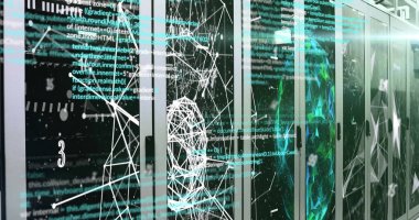 Sunucu odasındaki dünya ile bağlantı ve veri işleme görüntüsü. Küresel bağlantılar, hesaplama ve dijital arayüz konsepti dijital olarak oluşturuldu.