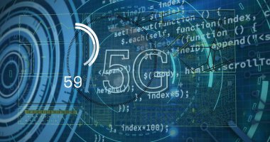 Mavi arka planda 5G ve veri işleme ile tarama alanı görüntüsü. Küresel teknoloji, bilgisayar ve dijital arayüz kavramı dijital olarak oluşturulmuş görüntü.