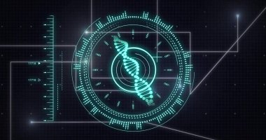 Kapsam, DNA ipliği ve kara arkaplan üzerindeki veri işleme görüntüleri. Küresel bilim, bağlantılar, hesaplama ve veri işleme kavramı dijital olarak oluşturulmuş görüntü.