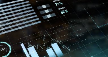 Siyah arkaplan üzerindeki veri işleme ve diyagramlarının resmi. Küresel iş, teknoloji ve dijital arayüz kavramı dijital olarak oluşturulmuş görüntü.