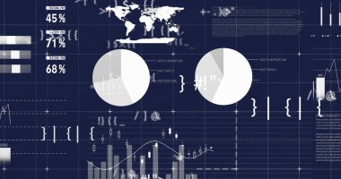 Finansal veri analizi ve küresel istatistik resmi koyu mavi arka planda. Finans, analitik, ekonomi, içgörü, eğilimler, görselleştirme