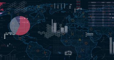 Siyah arkaplan üzerinde istatistik ve finansal veri işleme resmi. Küresel finans, iş, bağlantılar, hesaplama ve veri işleme kavramı dijital olarak oluşturuldu.