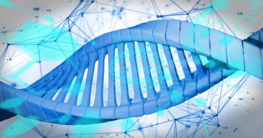 Beyaz arkaplan üzerinde DNA ipliği ve veri işleme resmi. Küresel bilim, bağlantılar, hesaplama ve veri işleme kavramı dijital olarak oluşturulmuş görüntü.
