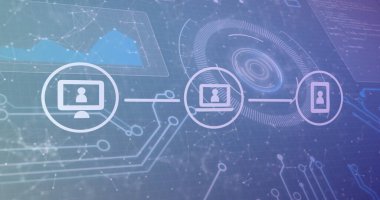 Grafik işleme, iletişim ve veri ağları üzerinden medya ağının resmi. Bağlantı, veri, işleme, dijital arayüz ve iletişim, dijital olarak oluşturulmuş resim.