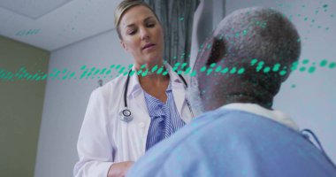 Veri işleme ve beyaz kadın doktorun hastayla konuştuğu diyagramlar. Küresel tıp ve dijital arayüz kavramı dijital olarak oluşturulmuş görüntü.